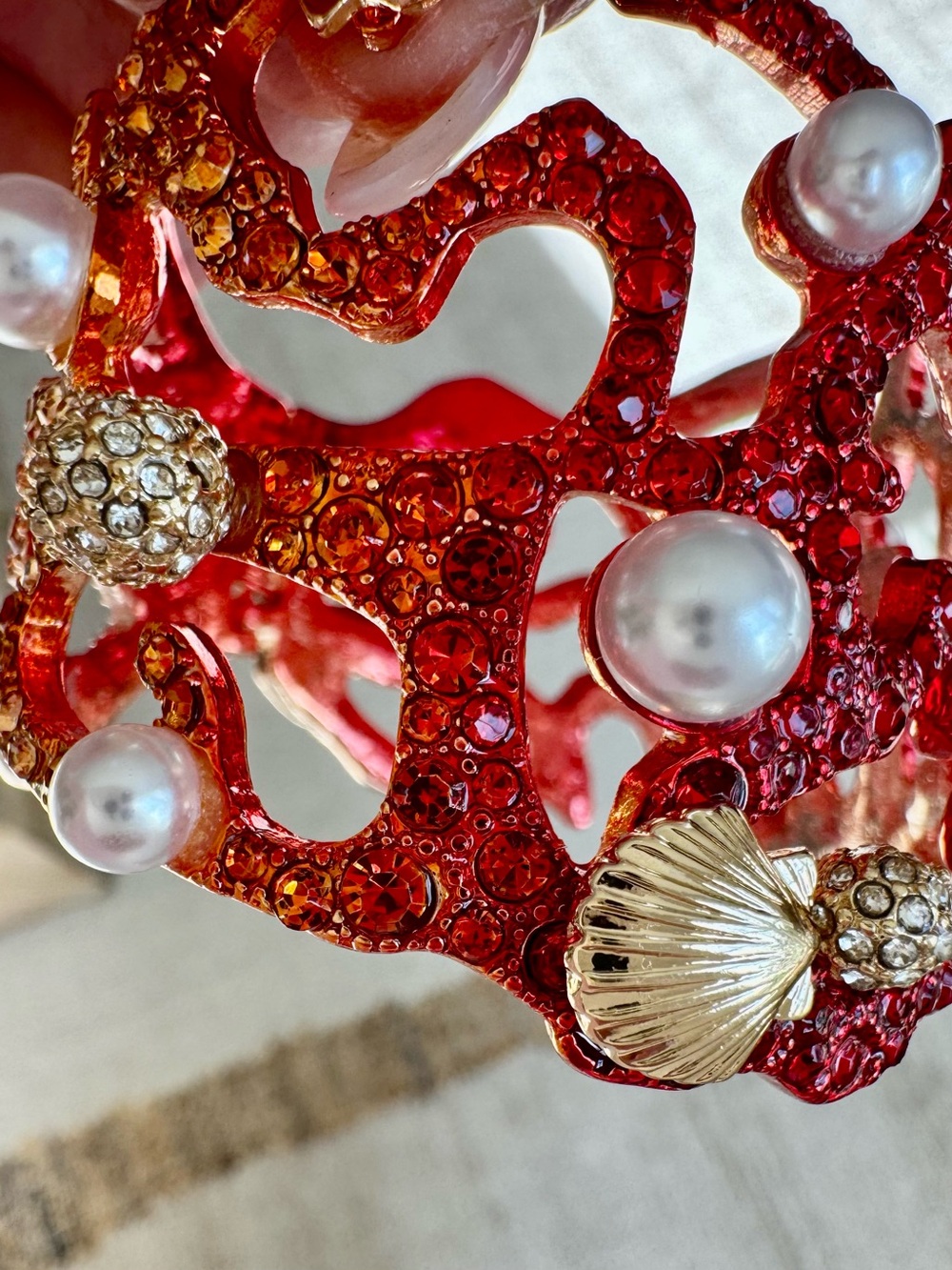 Betsey Johnson Red Crystal Coral Cuff with Faux Pearls & Gold Shells - Picture 2 of 6
